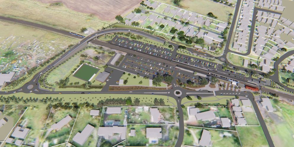 Aerial view looking south west at the new road bridge at Old Calder Highway and Diggers Rest Station. Artist impression only, subject to change.