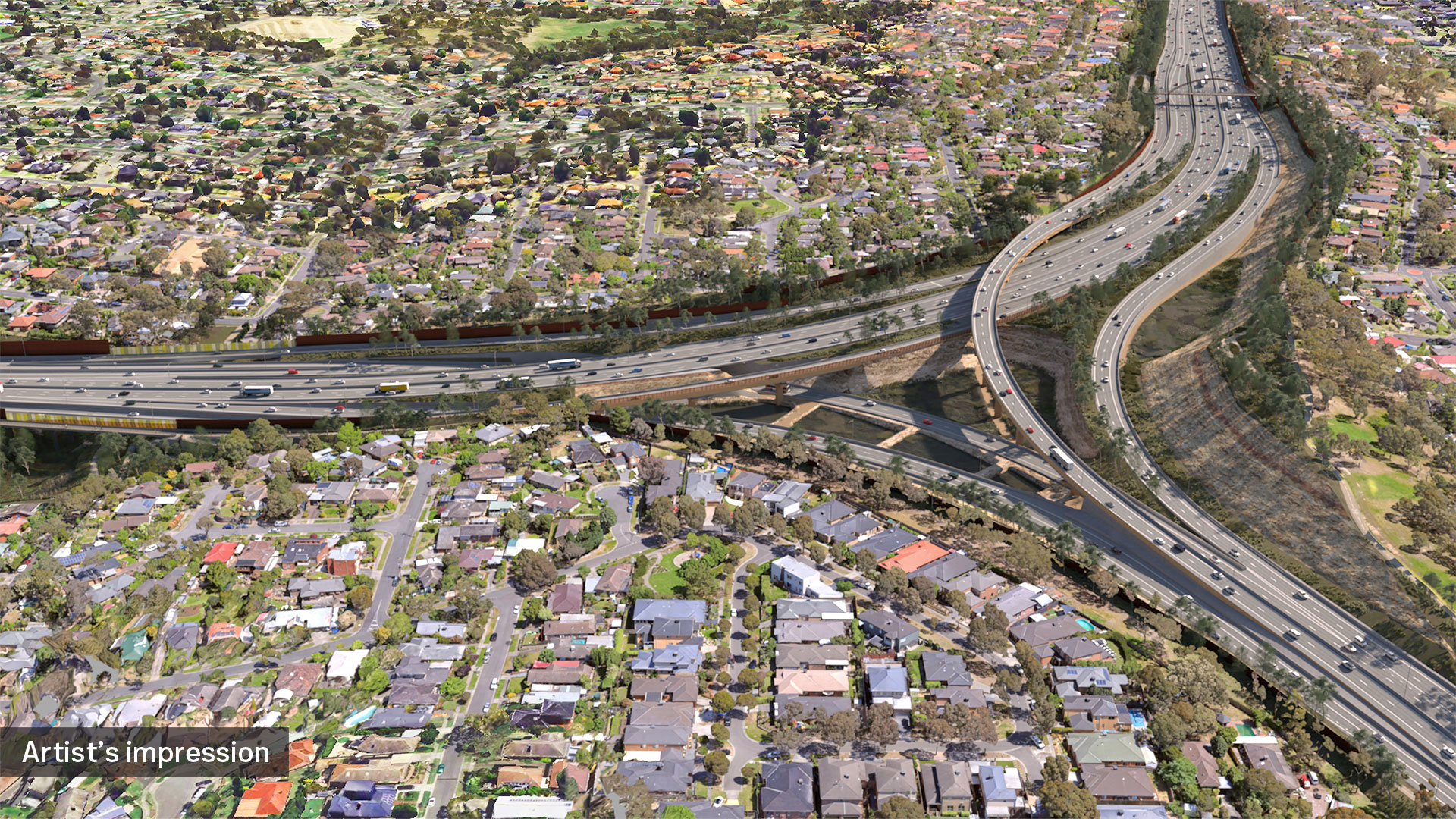 Aerial artist impression of the M80 Ring Road interchange with motorists using the freeway.