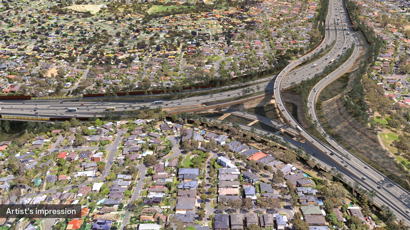Aerial artist impression of the M80 Ring Road interchange with motorists using the freeway.