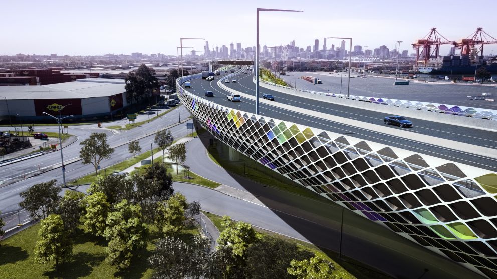 Artist impression – elevated road above Footscray Road with connections to the city, Dynon Road and Footscray Road. 