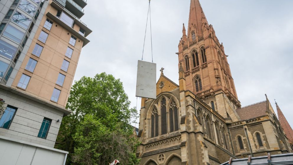 A panel being lifted towards City Square