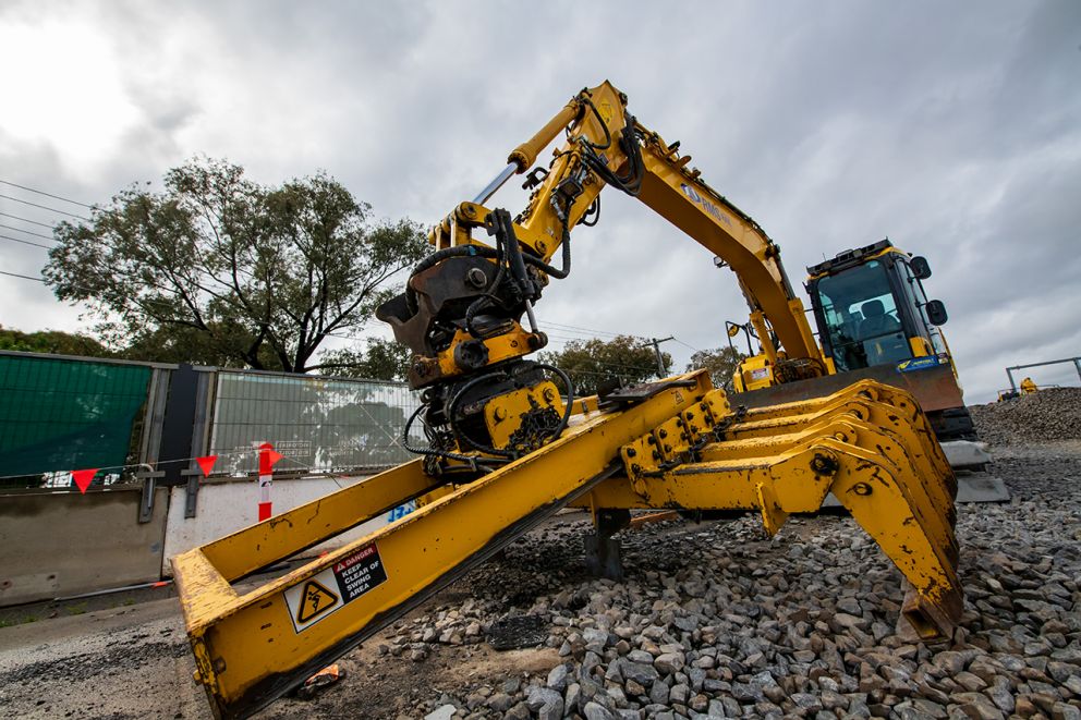 Front view of an excavator with octopus attachment at Keon Parade