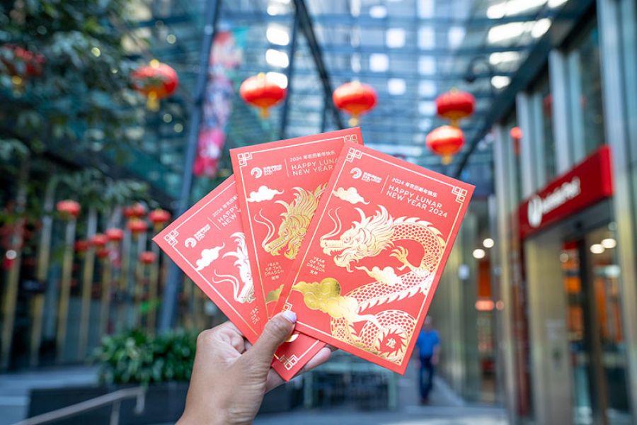 Person holding SRL Lunar New Year card pockets in the air
