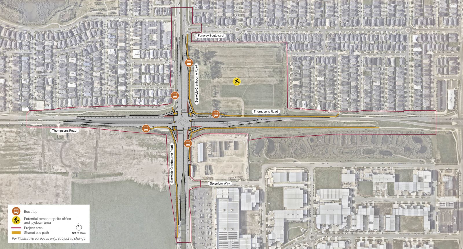 Proposed project boundary map for Thompsons Road and Berwick-Cranbourne Road Intersection Upgrade