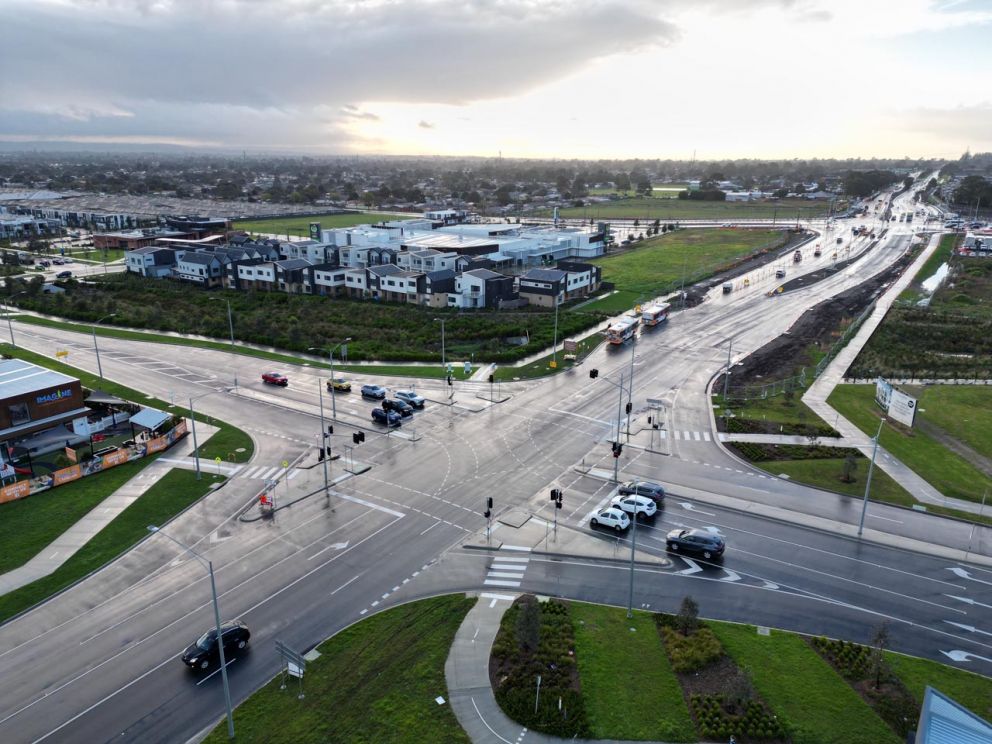 The newly realigned and upgraded intersection at Hall, Evans and Cranbourne-Frankston roads