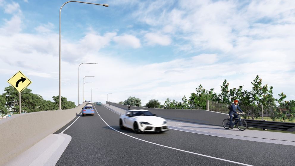 View when travelling west over the new road bridge at Old Calder Highway, Diggers Rest. Artist impression only, subject to change.