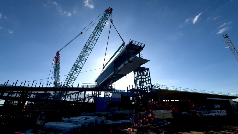 Marshall Station overpass is lifted into place. 