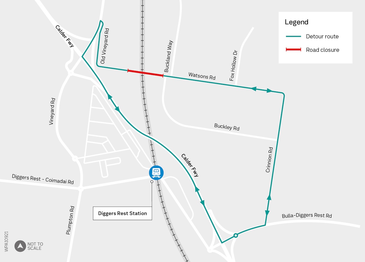 Map showing detour via Old Vineyard Road, Calder Freeway, Crinnion Road and Watsons Road