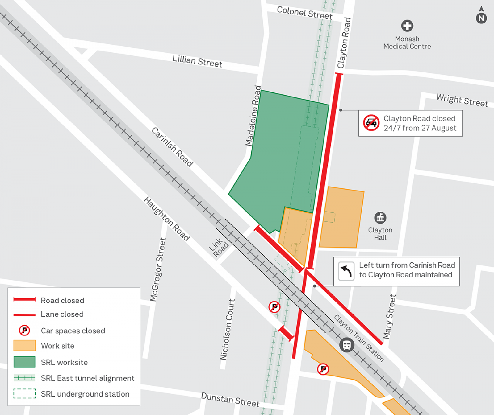 Map showing 24/7 road closure and other road disruptions on Clayton Road, Carinish Road and Haughton Road