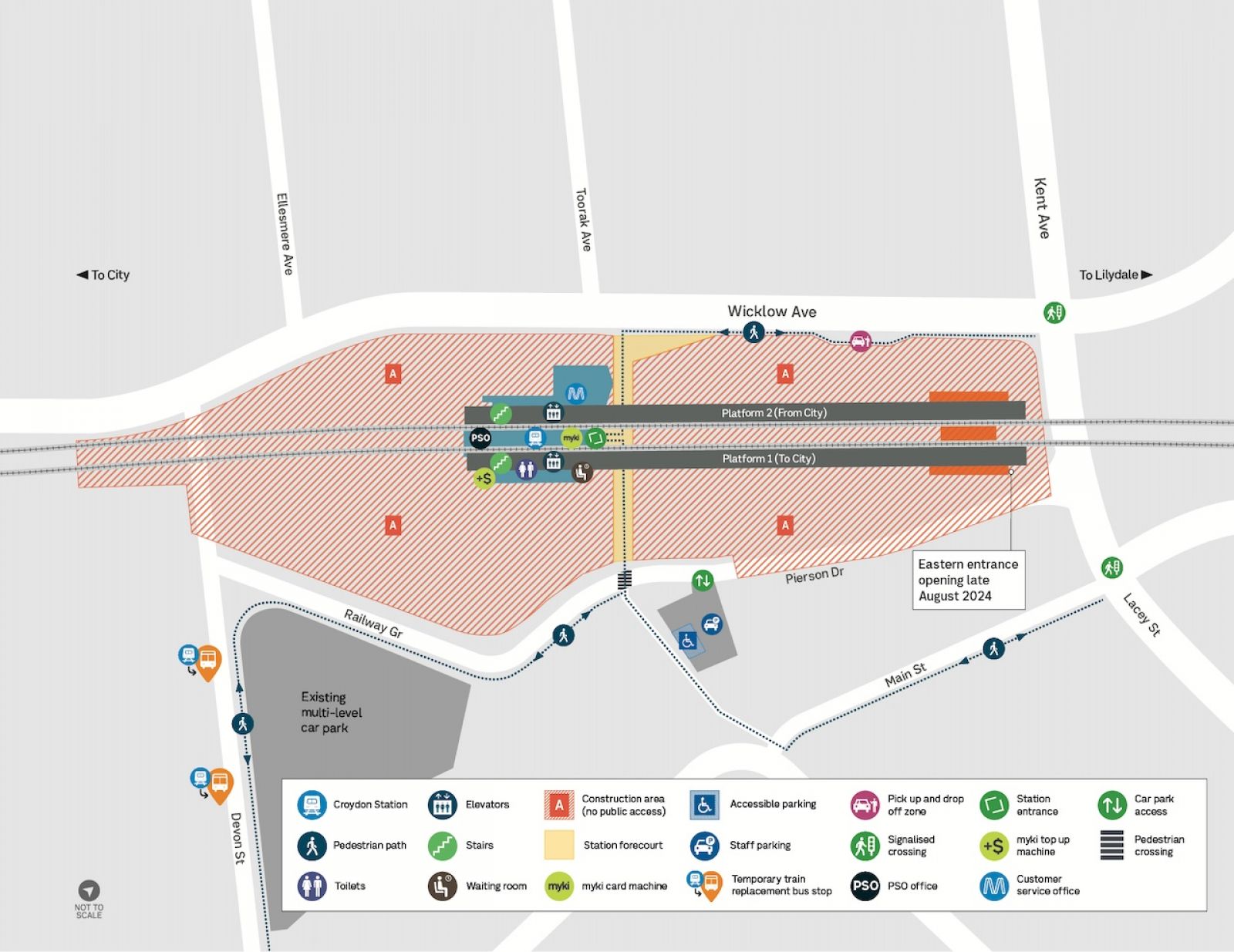 Map showing the new Croydon Station precinct and location of entrances and amenities