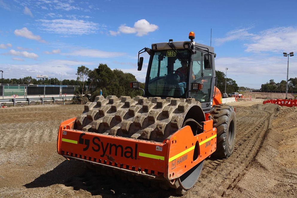 March 2023- A steel roller breaking up and compacting soil to build the foundations for the new Healesville-Koo Wee Rup Road bridge