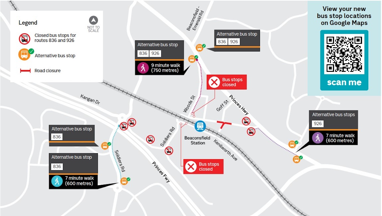 A map showing bus stops