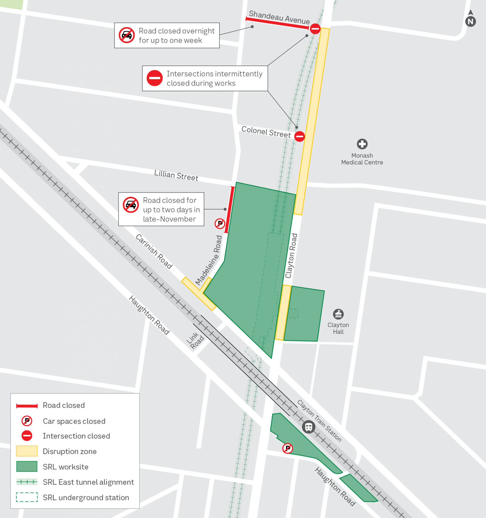 A map outlining the works happening in Clayton from November through to early 2025.