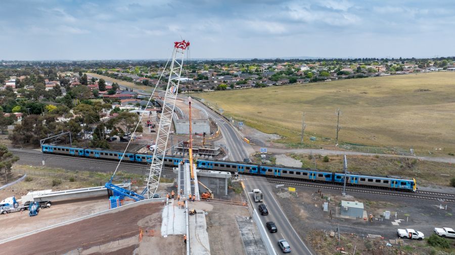 Seven beams were positioned into place on the north side of the road bridge