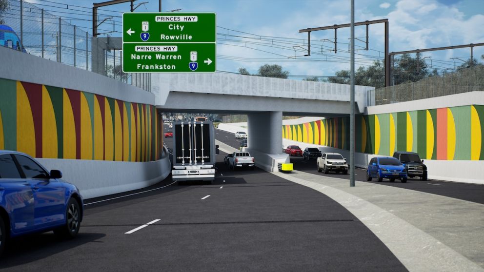 Cars and trucks travelling on the new road underpass towards Princes Highway-Lonsdale Street. Artist impression, subject to change.