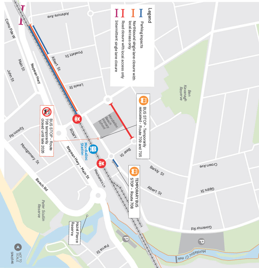 Map showing Mordialloc work disruptions as detailed above