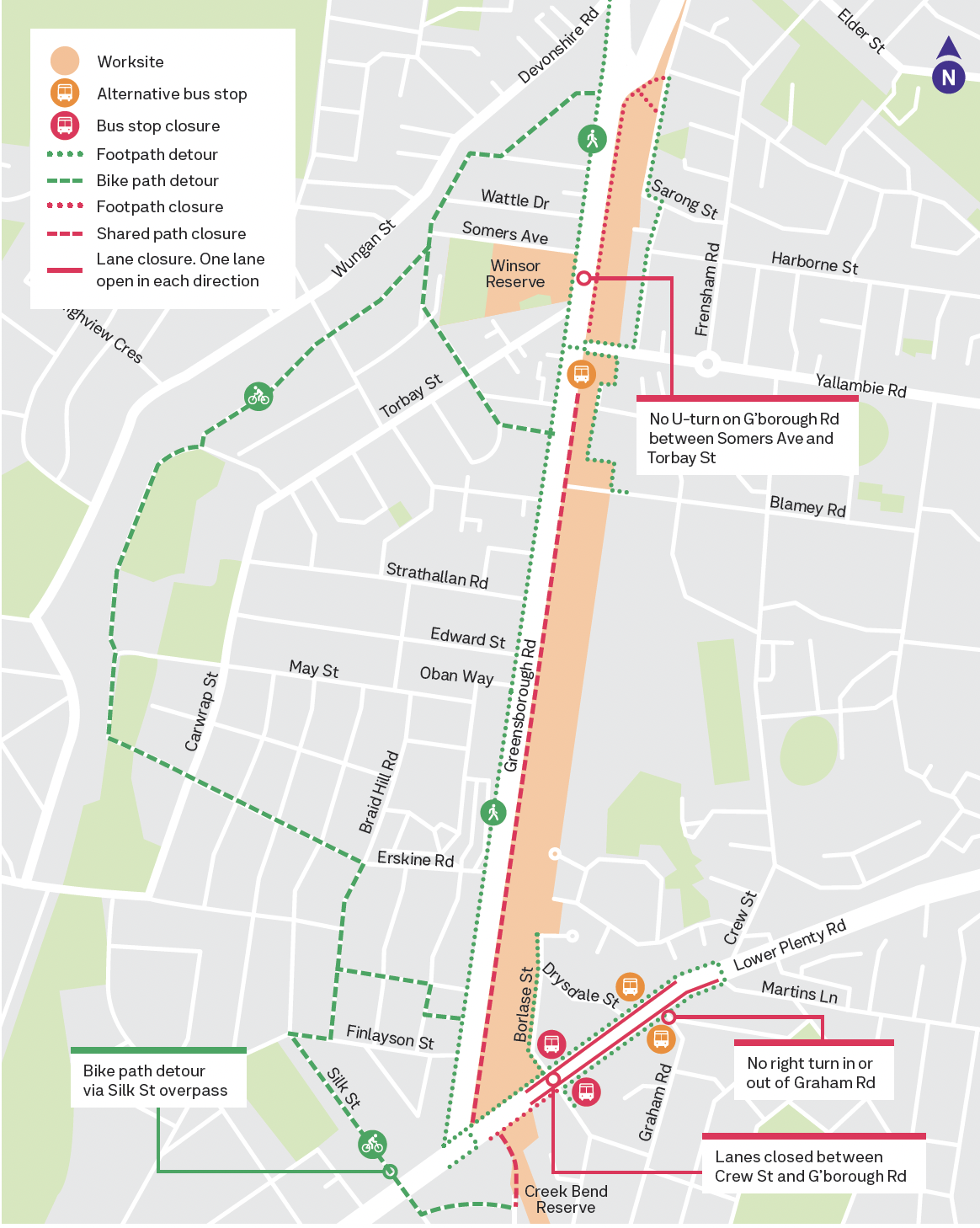 North East Link works map in Watsonia, McLeod and Yallambie