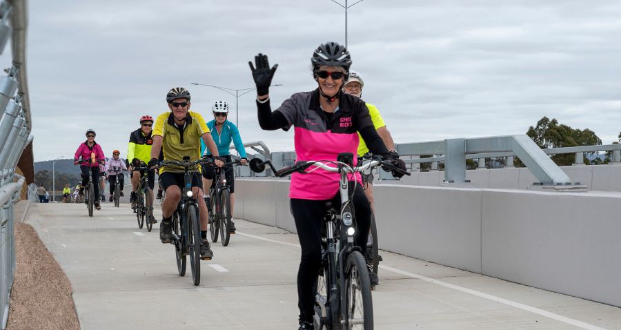 Local Ghostriders Cycling Group riding on new bike routes across two Pakenham-based Victorian Big Build projects. 