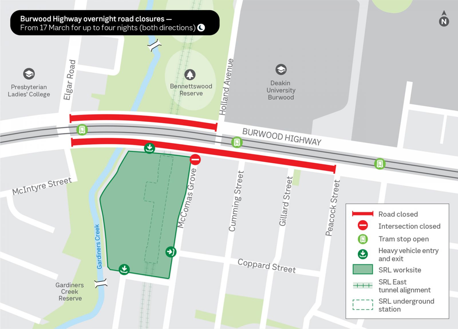 Map outlines Burwood Highway overnight road closures — From 17 March for up to 4 nights in both directions.