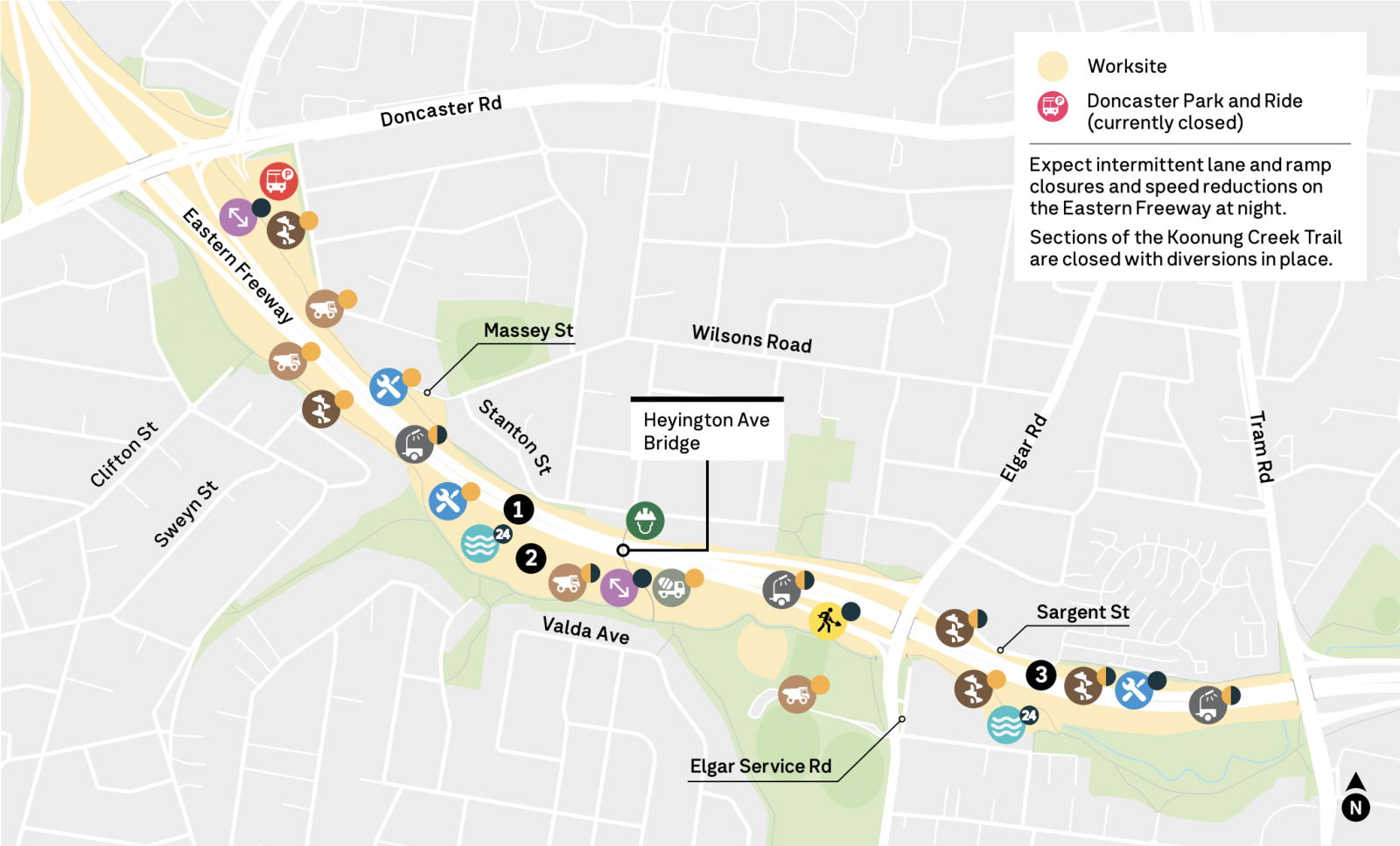 Worksite Doncaster Park and Ride (currently closed) Expect intermittent lane and ramp closures and speed reductions on the Eastern Freeway at night. Sections of the Koonung Creek Trail are closed with diversions in place.