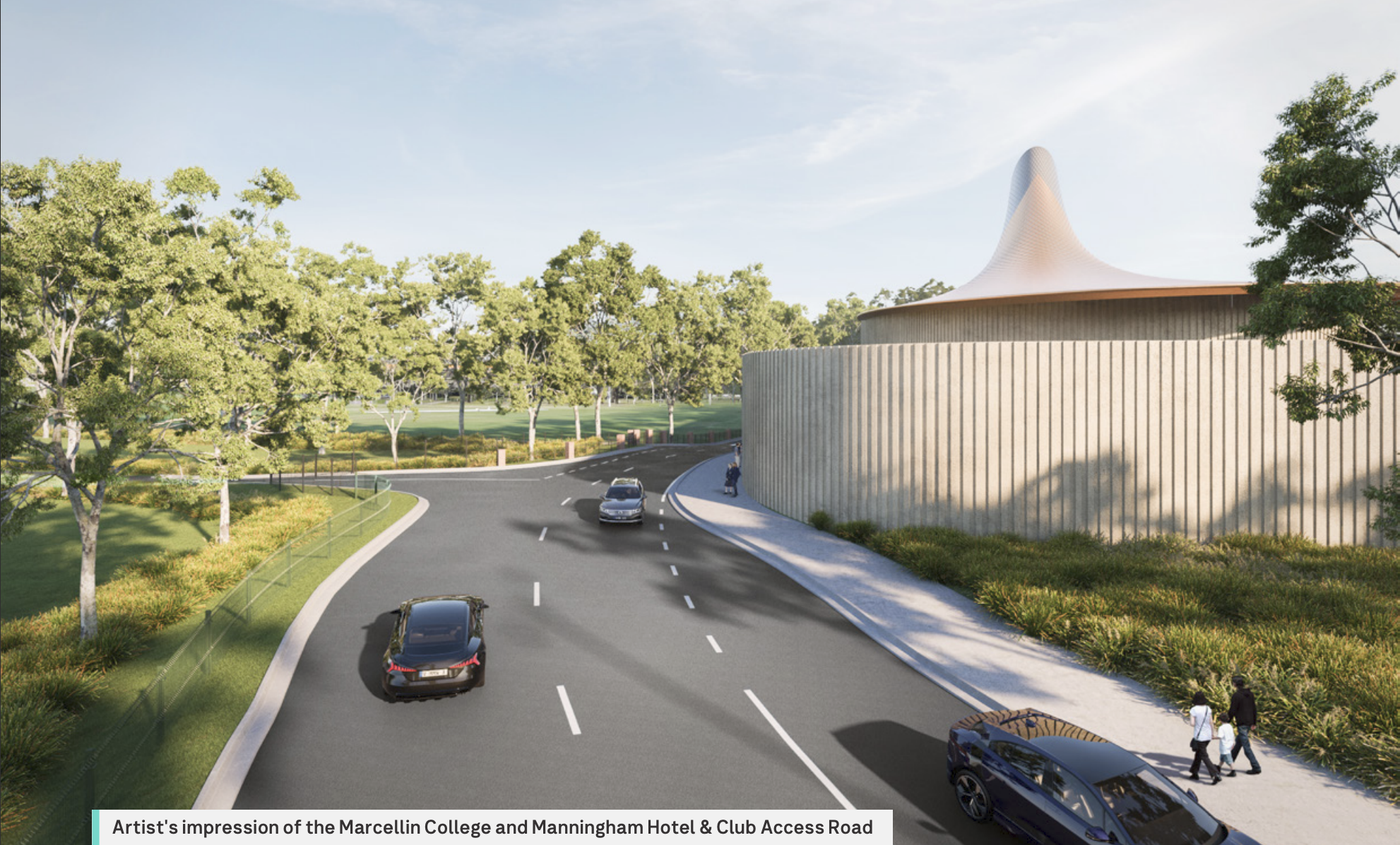Artist's impression of the Marcellin College and Manningham Hotel & Club Access Road Works are underway to build new access roads at Bulleen Park, and for Marcellin College and Manningham Hotel & Club. Marcellin College and Manningham Hotel & Club access road and Bulleen Park access road are being built offline, with some reduced lanes on Bulleen Road to connect the new access roads. From 16 to 19 M