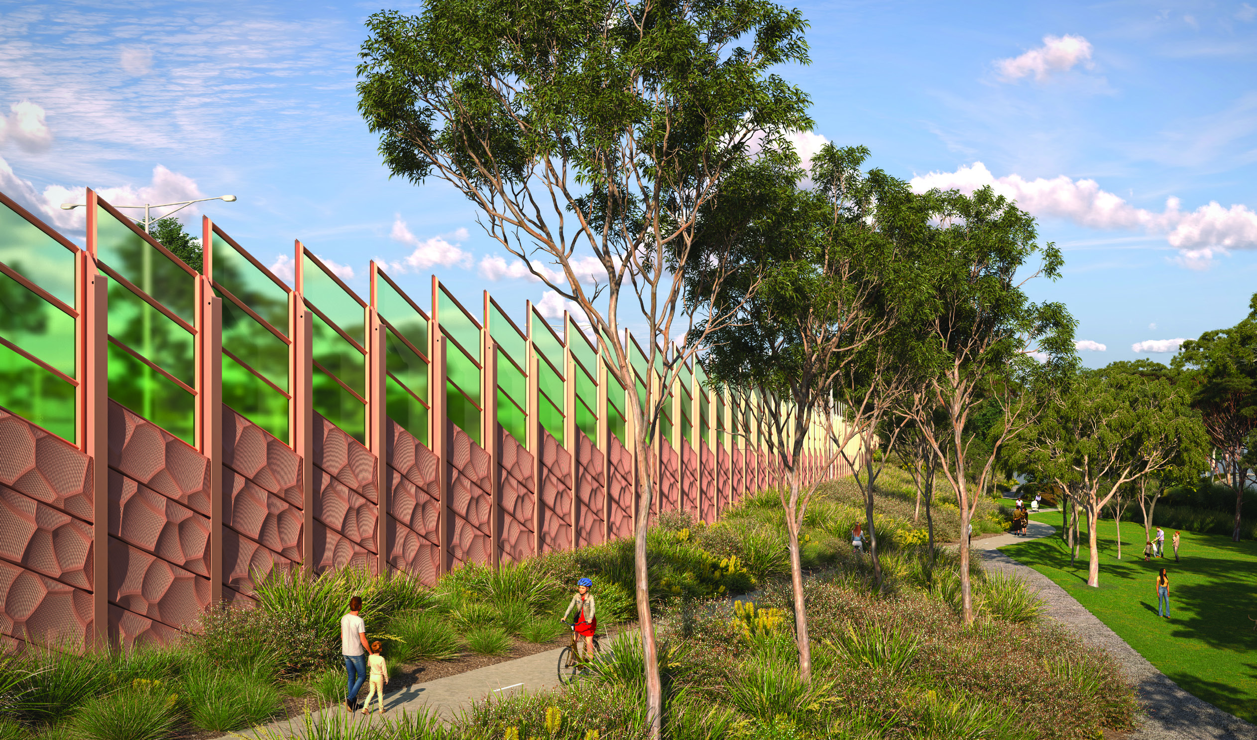 Artist's impression of recycled plastic noise walls with greenstone artefact inspired pattern, Box Hill North