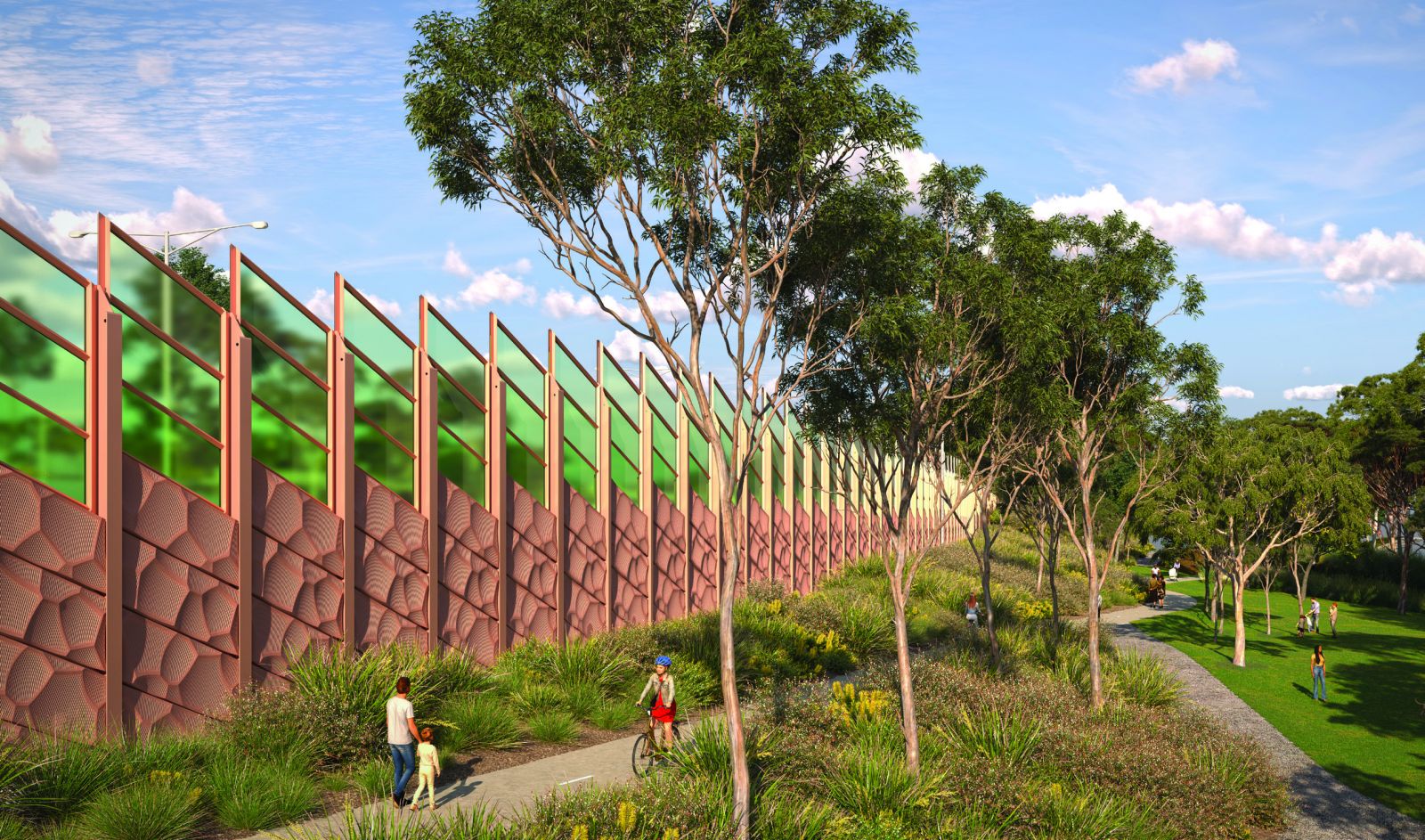 Artist's impression of recycled plastic noise walls with greenstone artefact inspired pattern, Box Hill North