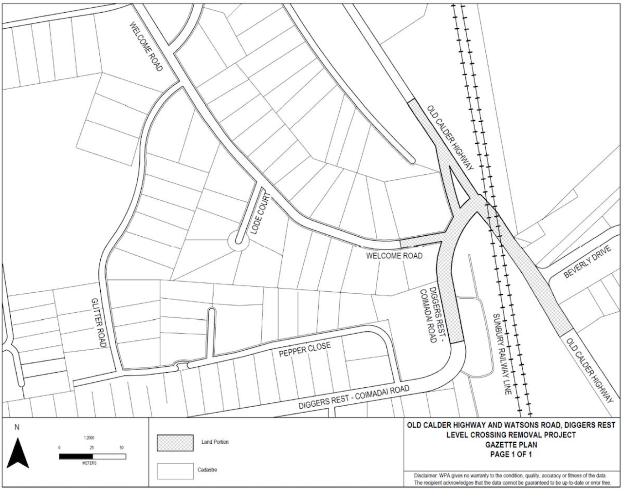 Map showing location of road closure on sections of parts of Diggers Rest-Coimadai Road, Welcome Road and Old Calder Highway