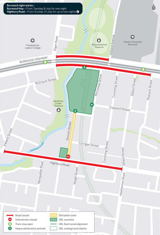 Map showing night works in Burwood during July.