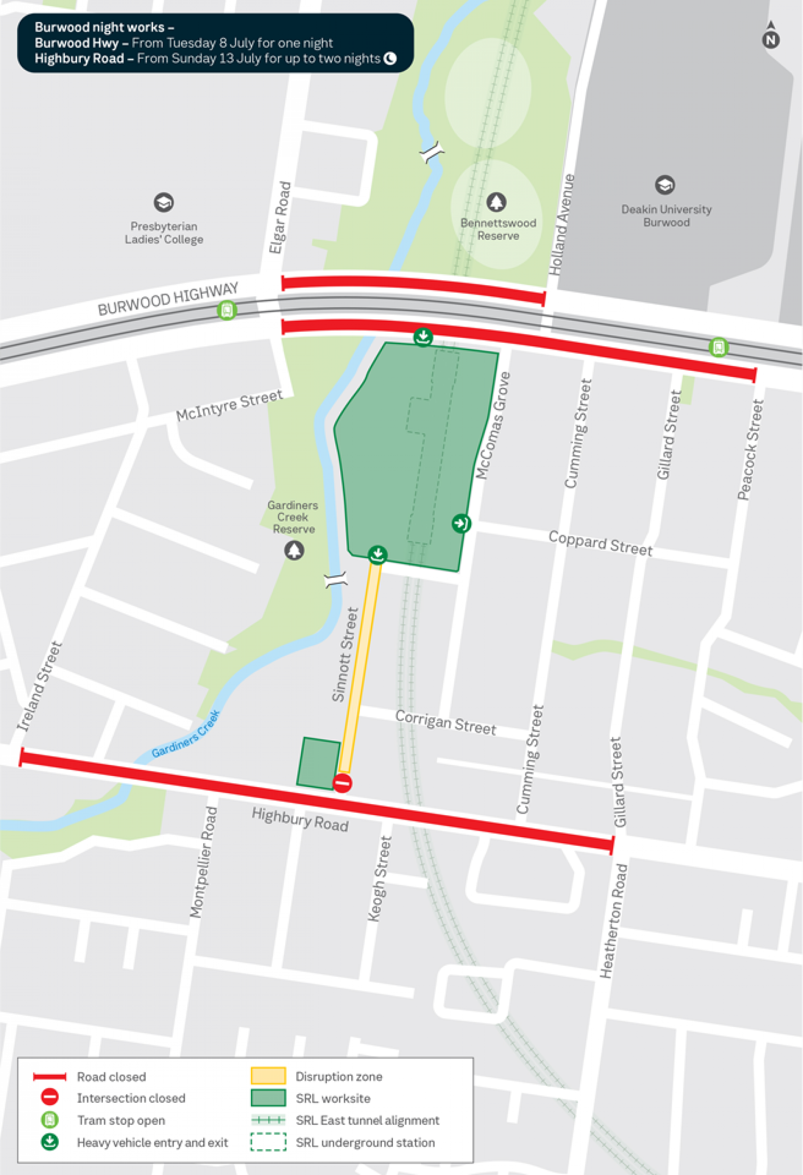 Map showing night works in Burwood during July.