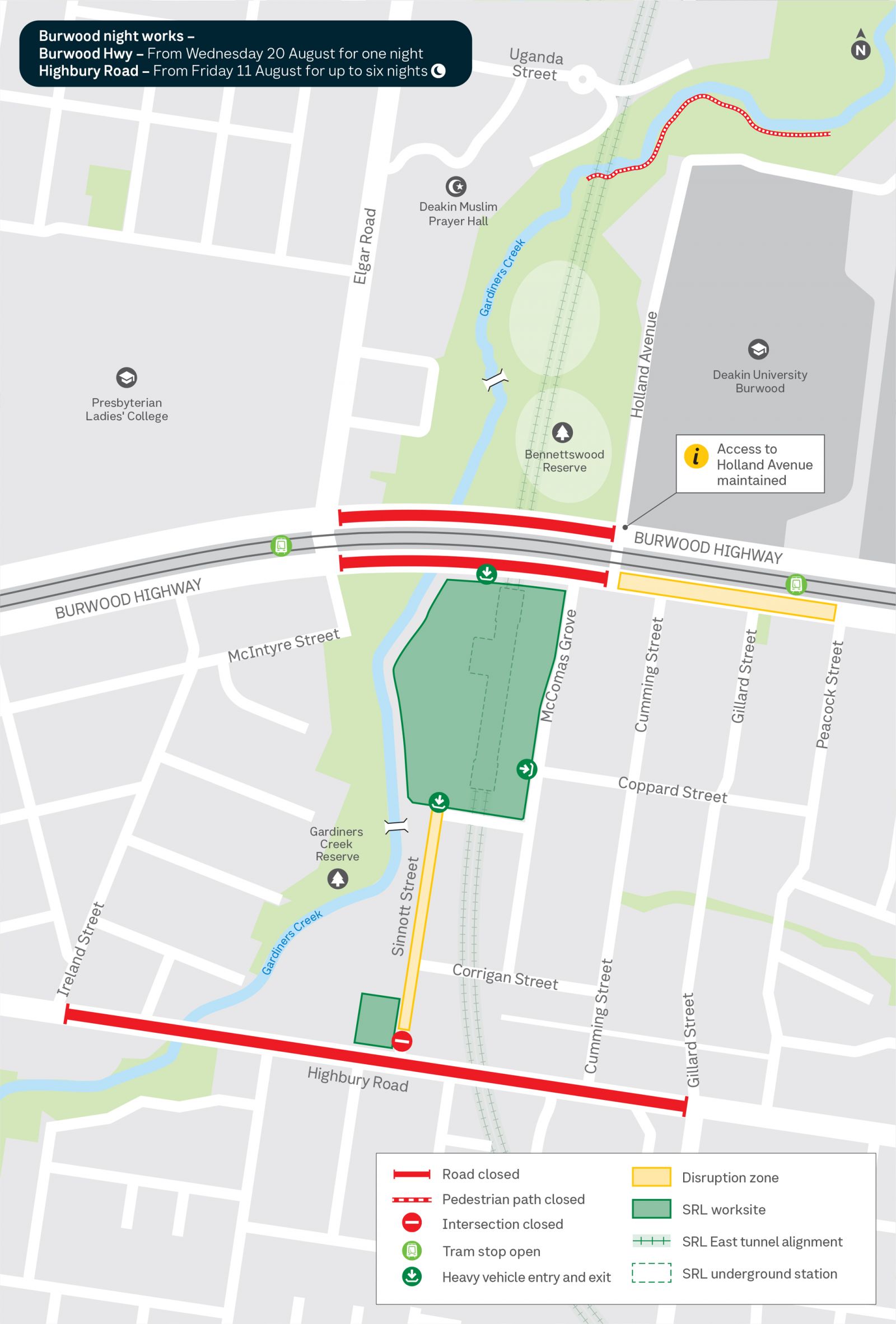 Map shows night works in Burwood during August.