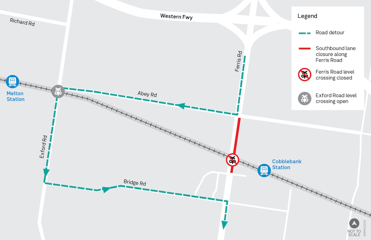 Map showing detour via Abey Road around Ferris Road closure