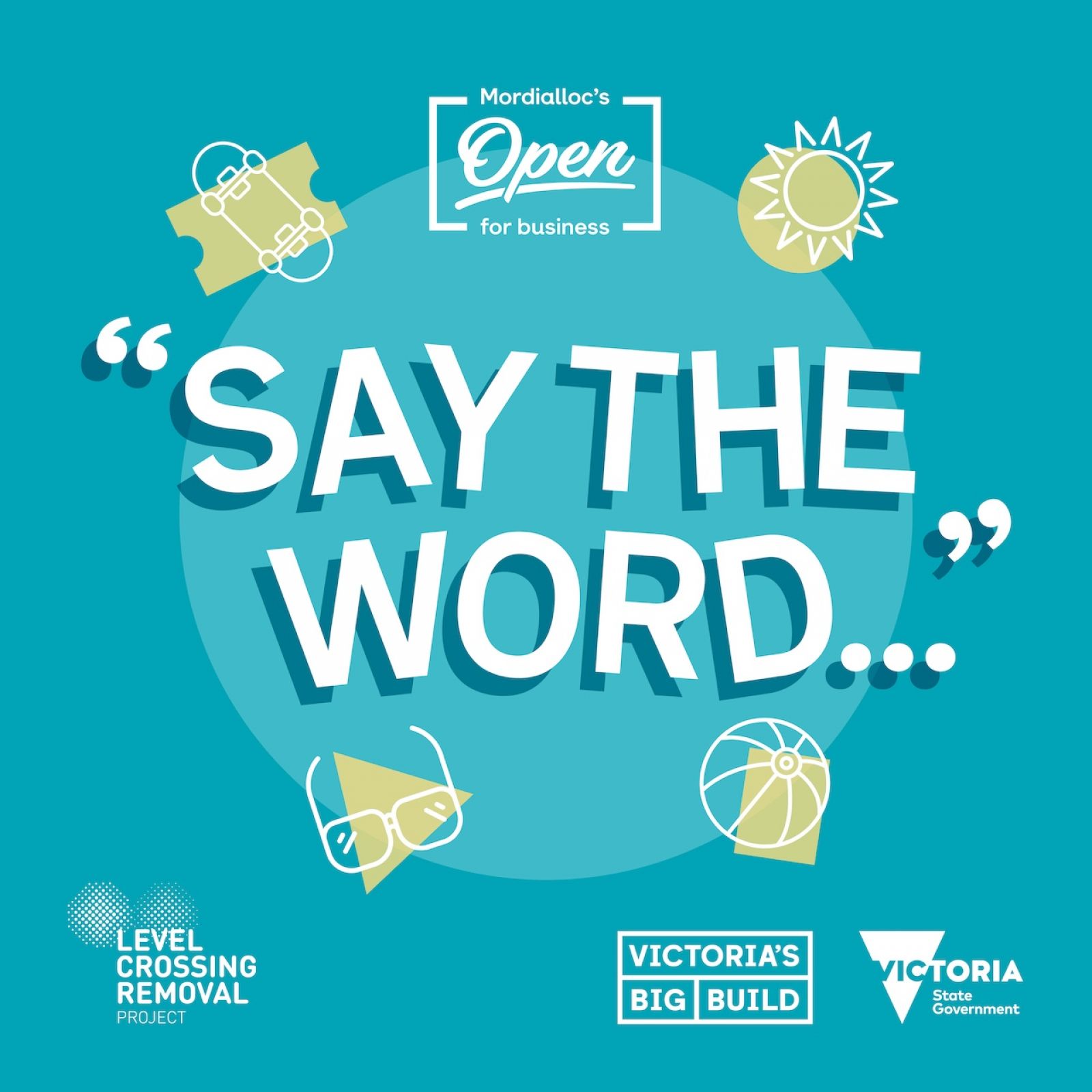 Blue background with white text that says 'say the word'