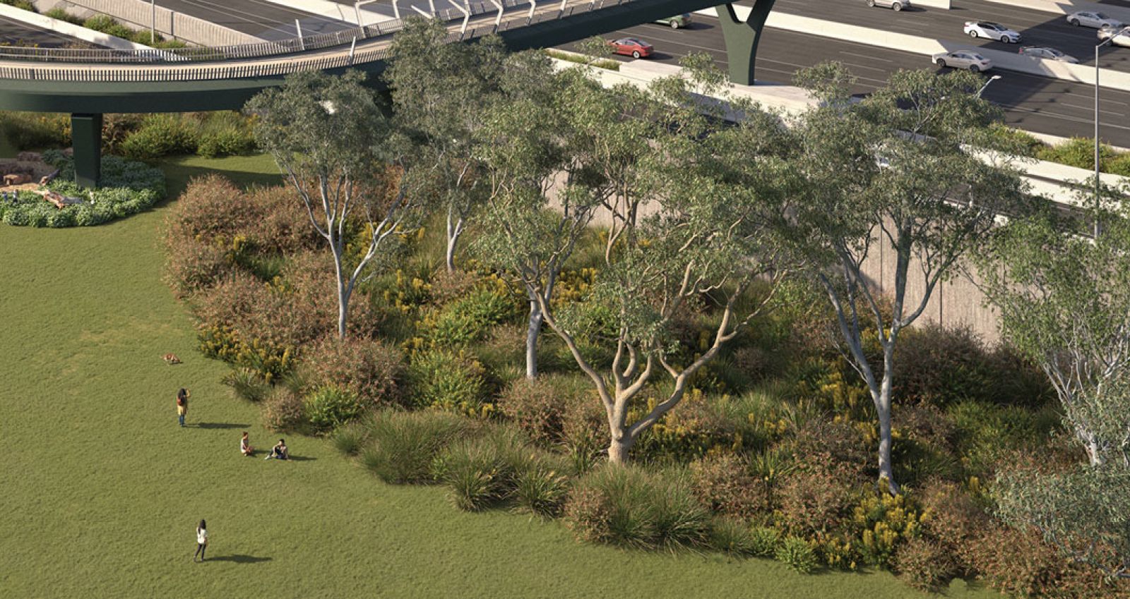 Artist's impression of new noise walls and plantings to screen views at Eram Park, Box Hill North