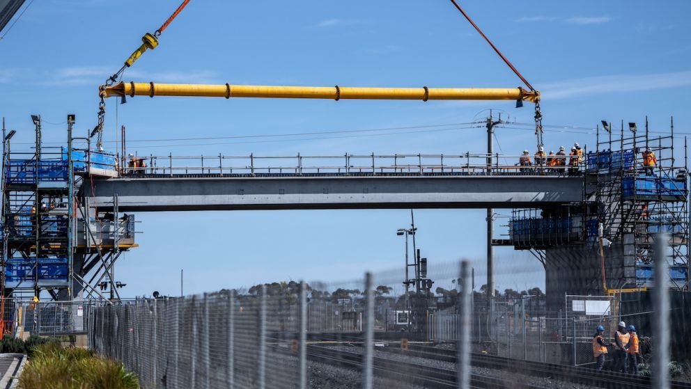 The beams were lifted into place at Ferris Road while trains weren't running