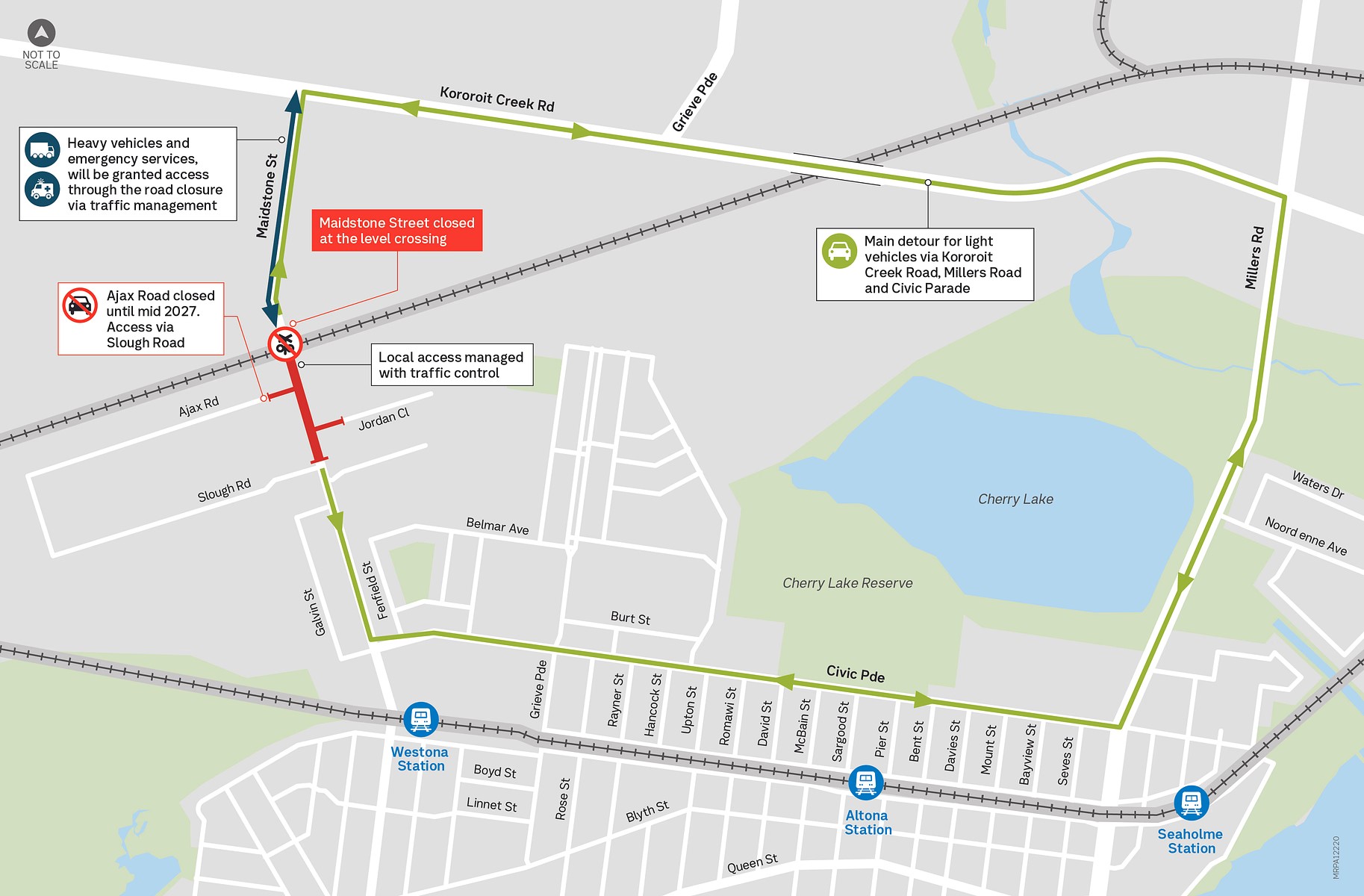 Detour for light vehicles via Kororoit Creek Road, Millers Road and Civic Parade