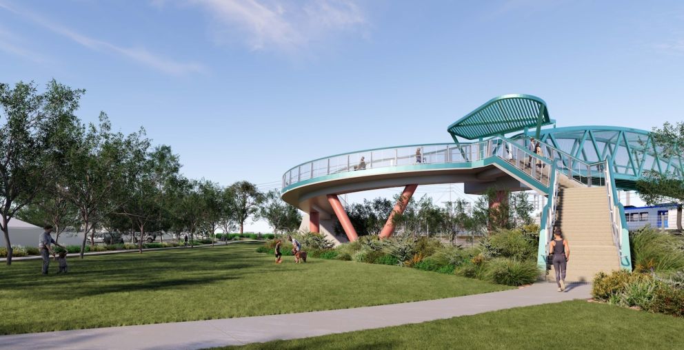 Access to the pedestrian and cycling bridge over Champion Road, looking from Market Street. Artist impression only, subject to change.