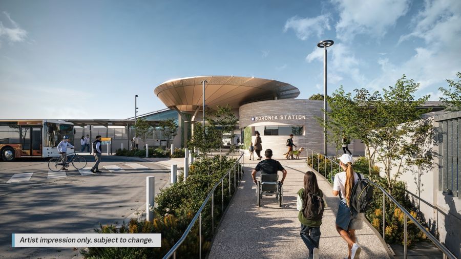 Boronia Station upgrade final render of the Erica Avenue entrance. Artist impression only, subject to change.