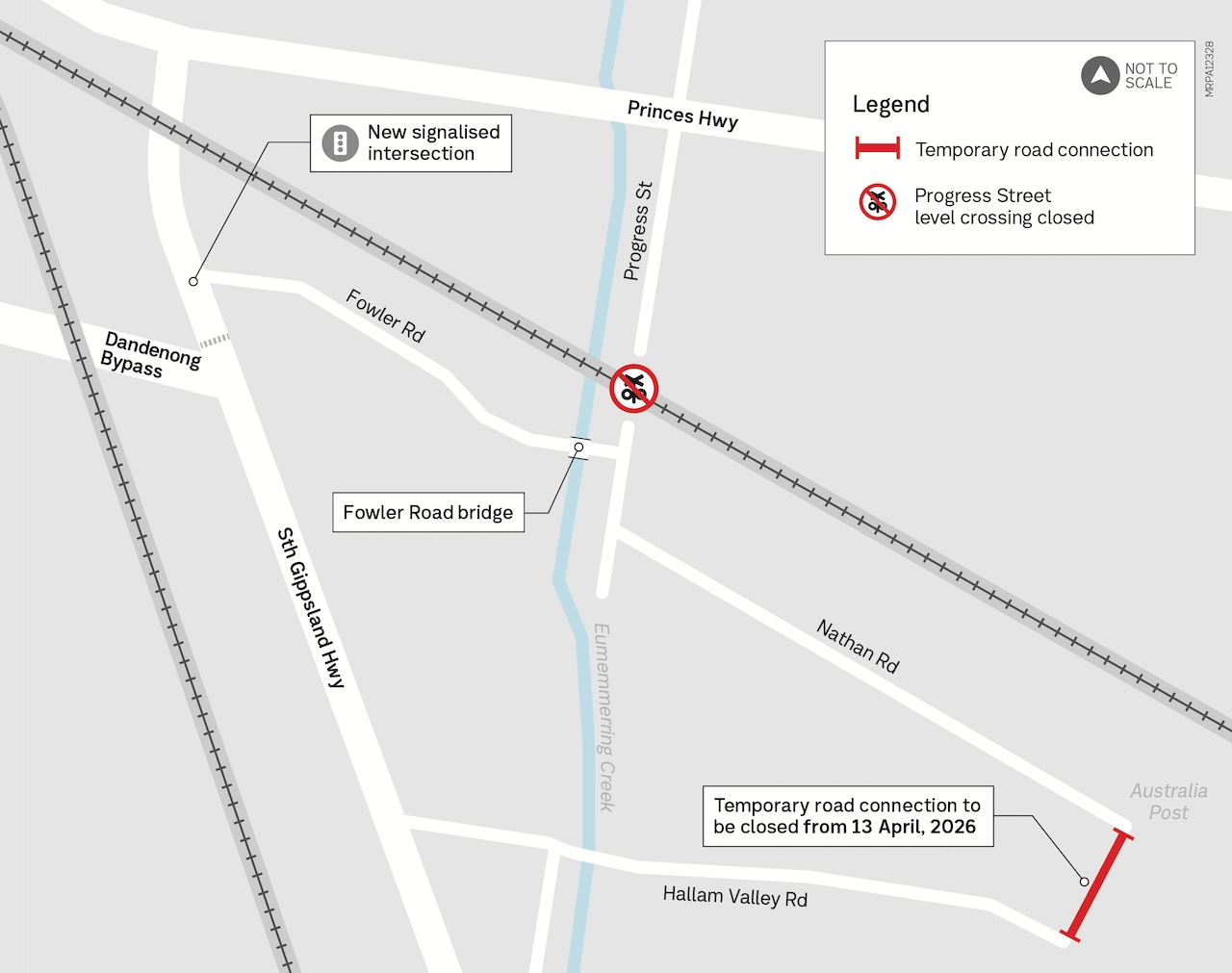 Map showing closure of temporary connection between Hallam Valley Road and Nathan Road