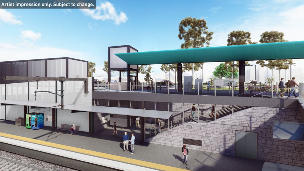 New lowered platforms at North Williamstown Station with stair, ramp and lift access. Artist impression only. Subject to change.