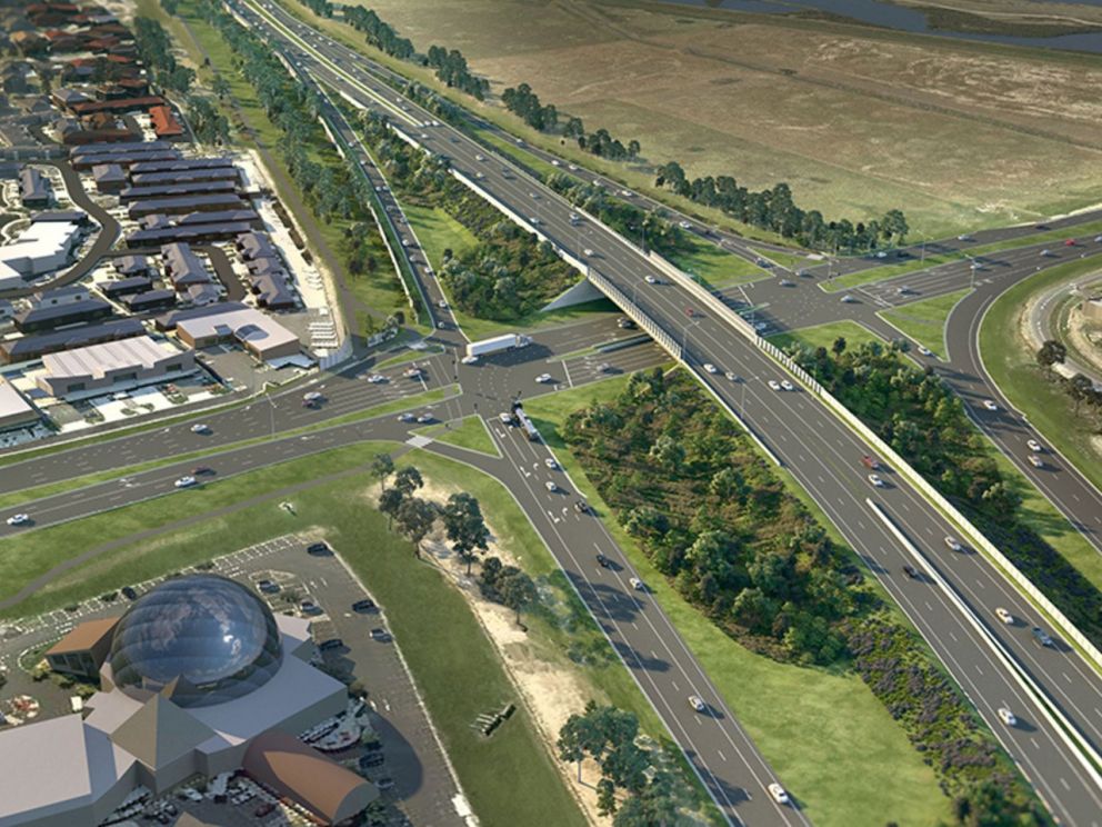 An artist impression of Springvale Road from a birds eye view. Image shows housing, shops and bare land surrounding the road.