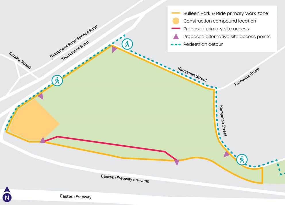 A map showing the Bulleen Park and Ride site plan, highlighting the primary work zone, construction compound location, proposed primary site access, proposed alternative site access points and pedestrian detour.