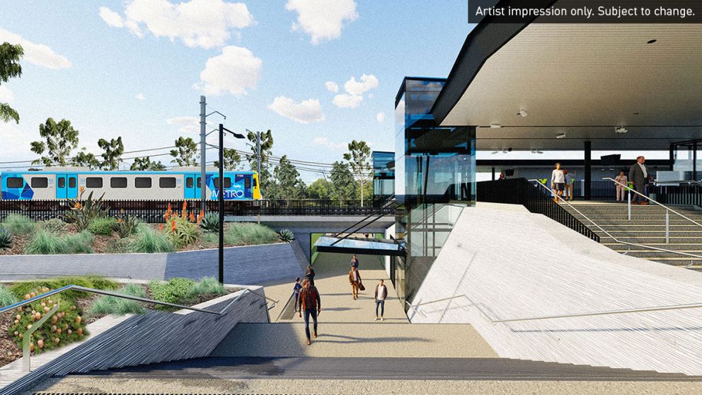 Artist impression of the stairs to underpass at Merinda Station. Artist impression only. Subject to change.