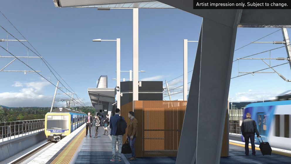 Artist impression of elevated Mooroolbark Station platforms with covered areas. Artist impression only. Subject to change.