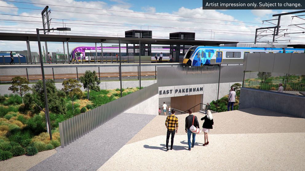 View of the new East Pakenham Station entrance, looking south. Artist impression only. Subject to change.