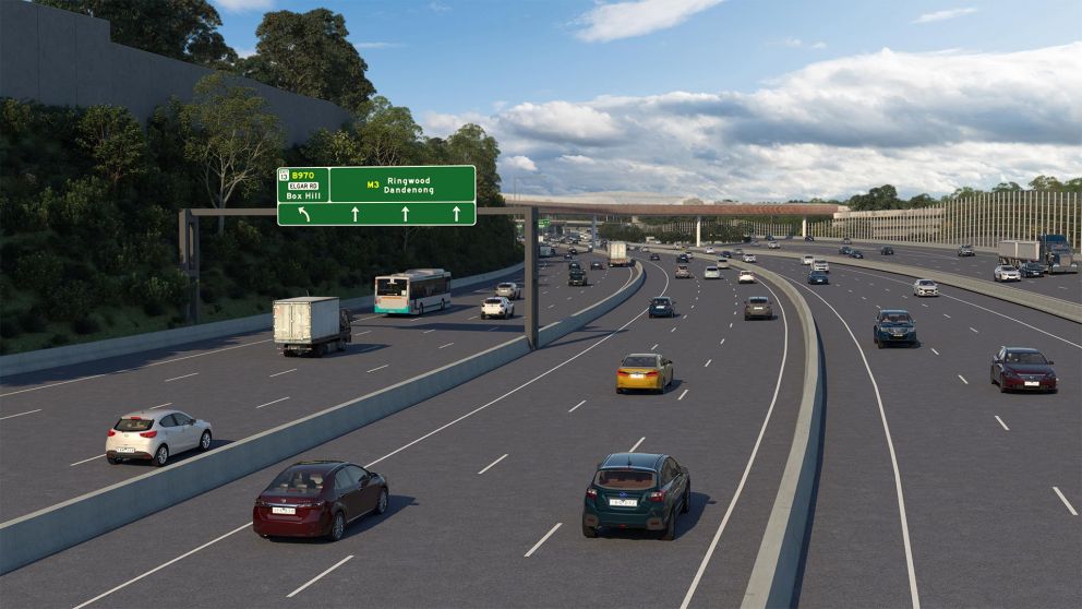 Artist impression of vehicles approaching Elgar Road exit looking towards Ringwood on the Eastern Freeway. Separated express lanes in the centre of the Eastern Freeway to ease congestion caused by merging and weaving.