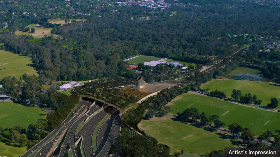 An artist impression aerial view of the southern portal and Yarra Link green bridge facing north west.