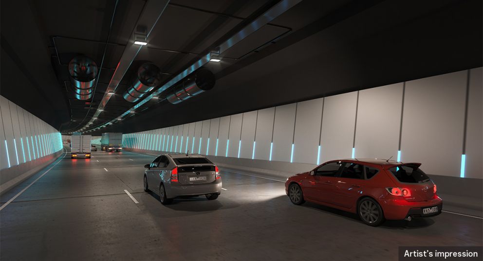 An artist impression taken from a driver’s perspective inside the North East Link Tunnel, with dim lighting.