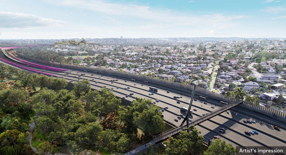 An artist impression aerial view of the Estelle Street bridge, express bus lanes and noise walls along the Eastern Freeway, facing towards the southern portal.