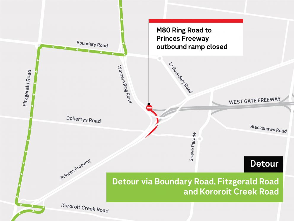 Summer works 2022 detour map - M80 Ring Road to Princes Freeway outbound ramp closed.